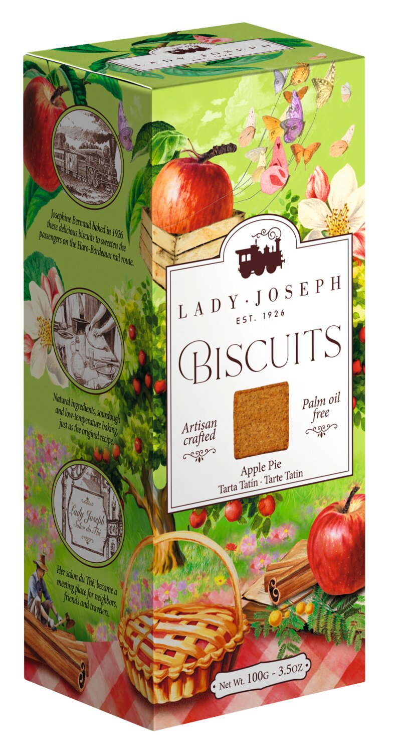 Eine farbenfrohe Verpackung von Lady Joseph | „Apple Pie Biscuits“ Apfel & Zimt 100 g, verziert mit bezaubernden Illustrationen von Äpfeln, Blumen und einem Picknickkorb. Die Verpackung hebt hervor, dass diese handgefertigten Kekse palmölfrei sind und sich perfekt für Liebhaber von veganem Gebäck eignen. Nettogewicht: 100 g (3,5 oz).