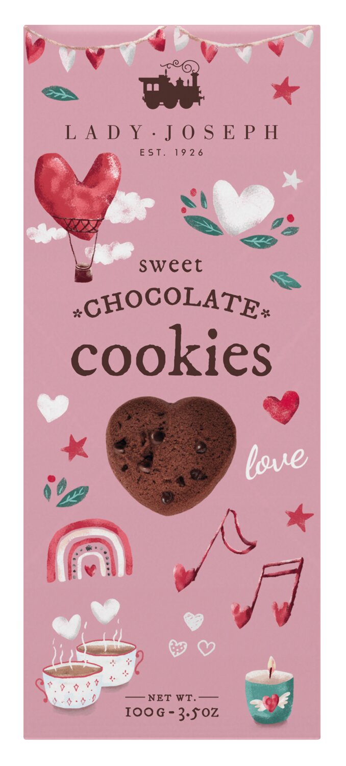 Eine bezaubernde rosa Schachtel von Lady Joseph | „Sweet Love Cookies“ Schokoladenkekse 100 g, vegane Schokoladenkekse, verziert mit Herzen, einem Heißluftballon, einem Regenbogen, Teetassen, Noten und Blumen – mit einem herzförmigen Keks, der durch das Fenster sichtbar ist.