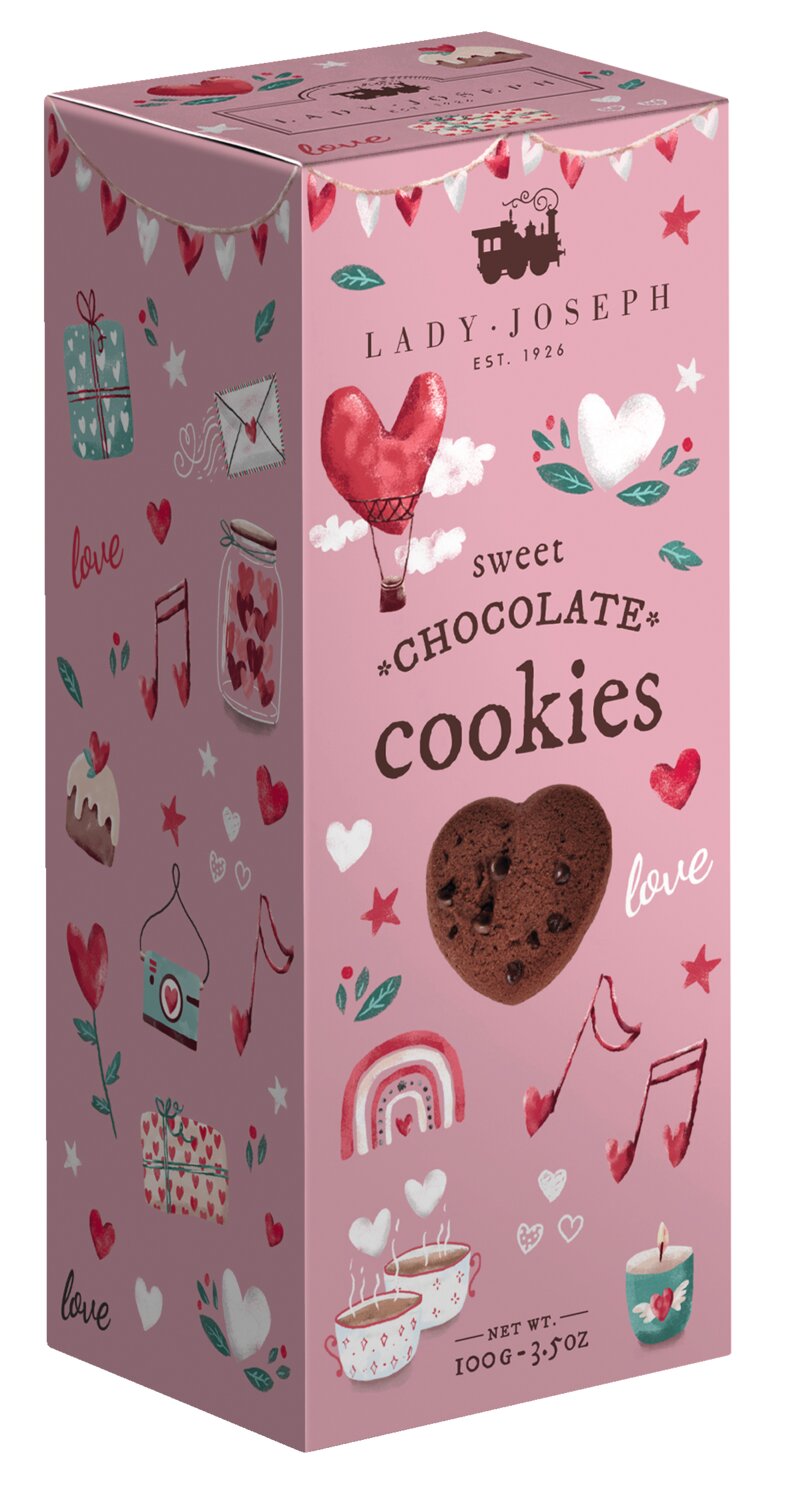 Lady Joseph | „Sweet Love Cookies“ Schokoladenkekse 100 g von Lady Joseph werden in einer bezaubernden rosa Schachtel geliefert, die eine köstliche Auswahl an veganen Schokoladenkeksen präsentiert, verziert mit Herzen, Regenbögen, Tassen, Liebesbriefen und leuchtend roten und weißen Akzenten. Durch ein kleines Fenster auf der Vorderseite der Schachtel ist ein Keks zu sehen. Diese köstlichen Leckereien eignen sich perfekt, um süße Momente gemeinsam zu genießen.