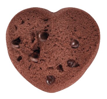 Ein herzförmiges „Lady Joseph“ | „Sweet Love Cookies“ – Schokoladenkekse, verziert mit verstreuten Schokoladenstückchen, vor weißem Hintergrund.
