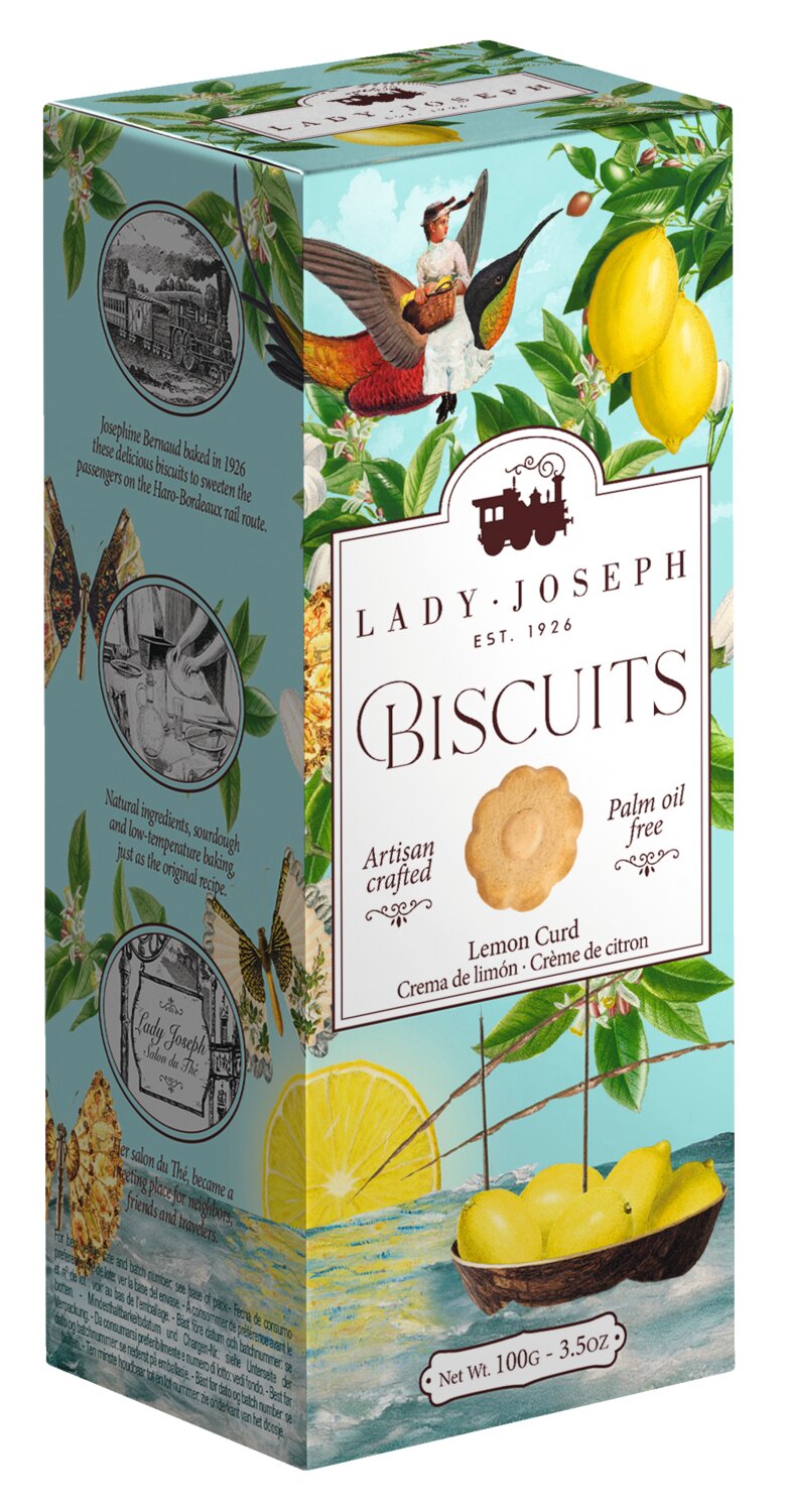 Auf einer Packung „Lady Joseph | Lemon Curd Biscuits“ (100 g) sind Zitronen, Zitronenblüten, ein fliegender Vogel und ein Keks abgebildet. Die Verpackung hebt die handwerkliche Zubereitung hervor, weist darauf hin, dass das Produkt palmölfrei ist, und gibt das Nettogewicht von 100 g an – köstliches Gebäck aus Spanien.