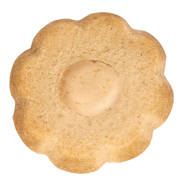Ein runder, blumenförmiger Keks mit gewellten Rändern und einer leicht gewölbten Mitte: Die „Lady Joseph | Lemon Curd Biscuits 100 g“ von Lady Joseph sind vor einem weißen Hintergrund abgebildet.
