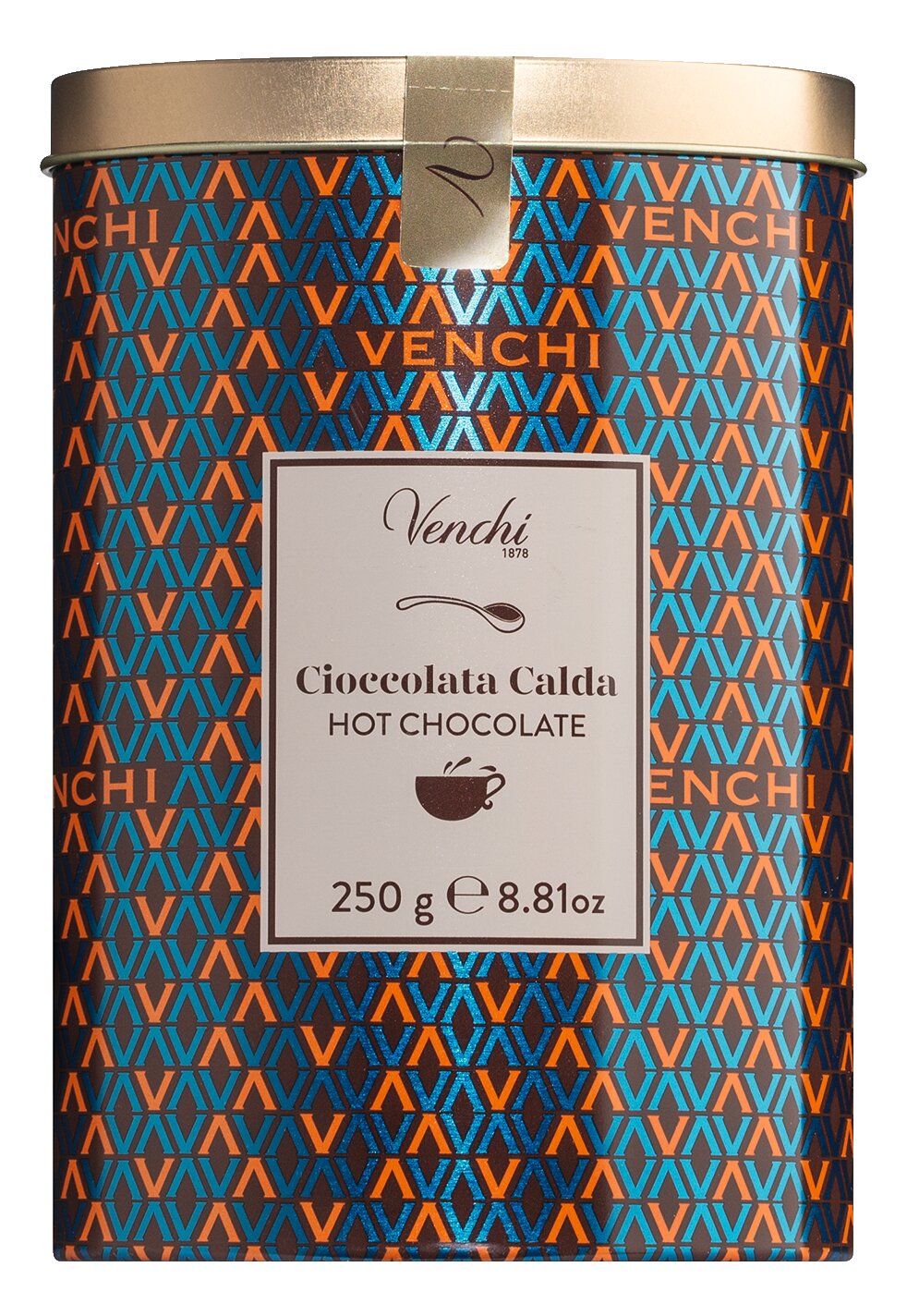 Eine 250-g-Dose „Venchi | Kakaopulver für heiße Schokolade“ mit einem geometrischen Design in Blau, Orange und Braun und einem goldenen Deckel. Auf dem Etikett sind der Markenname „Venchi“ sowie Produktinformationen auf Italienisch und Englisch zu sehen – ideal für Liebhaber italienischer Schokolade, die ein authentisches Geschmackserlebnis suchen.