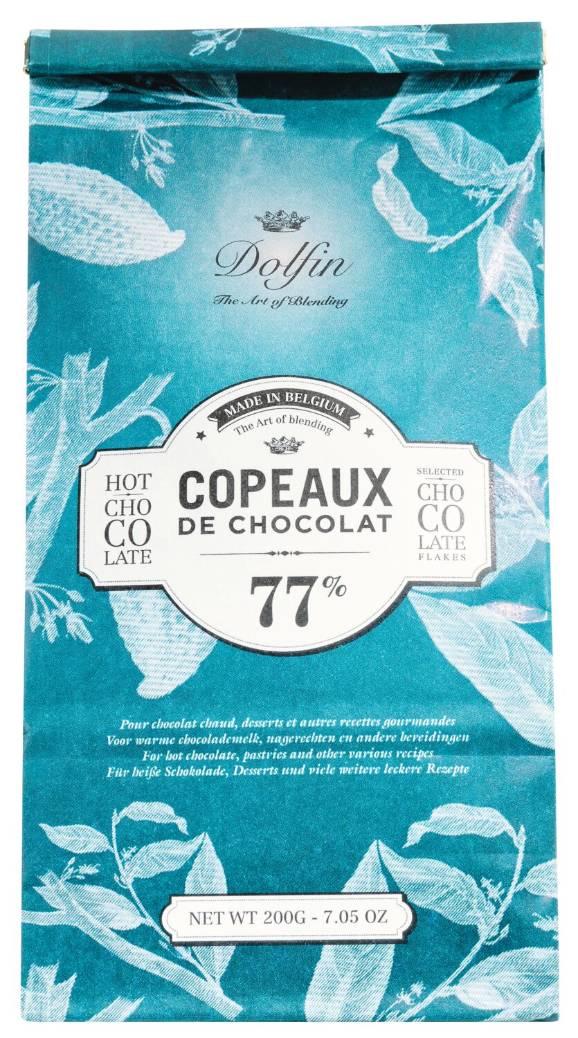 Eine blaue Verpackung von Venchi Dolfin | Trinkschokolade Zartbitter 77 % – feine dunkle Schokoladenraspeln (Kakaogehalt: 77 %) für eine vollmundige Trinkschokolade – verziert mit eleganten weißen Pflanzenillustrationen. Nettogewicht: 200 g (7,05 oz).