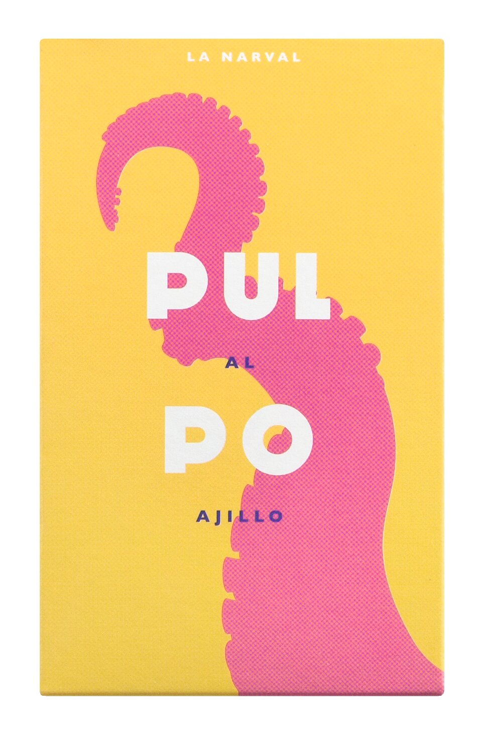 Auf einer gelben Verpackung sind ein rosa Tintenfischarm und ein von Tapas inspirierter weißer Schriftzug mit der Aufschrift „Pulpo al ajillo“ zu sehen, während oben „La Narval“ steht. Diese Verpackung repräsentiert „La Narval | Oktopus in Knoblauchsauce | 110 g“ perfekt und fängt den authentischen Geschmack von Oktopus in Knoblauchsauce ein.