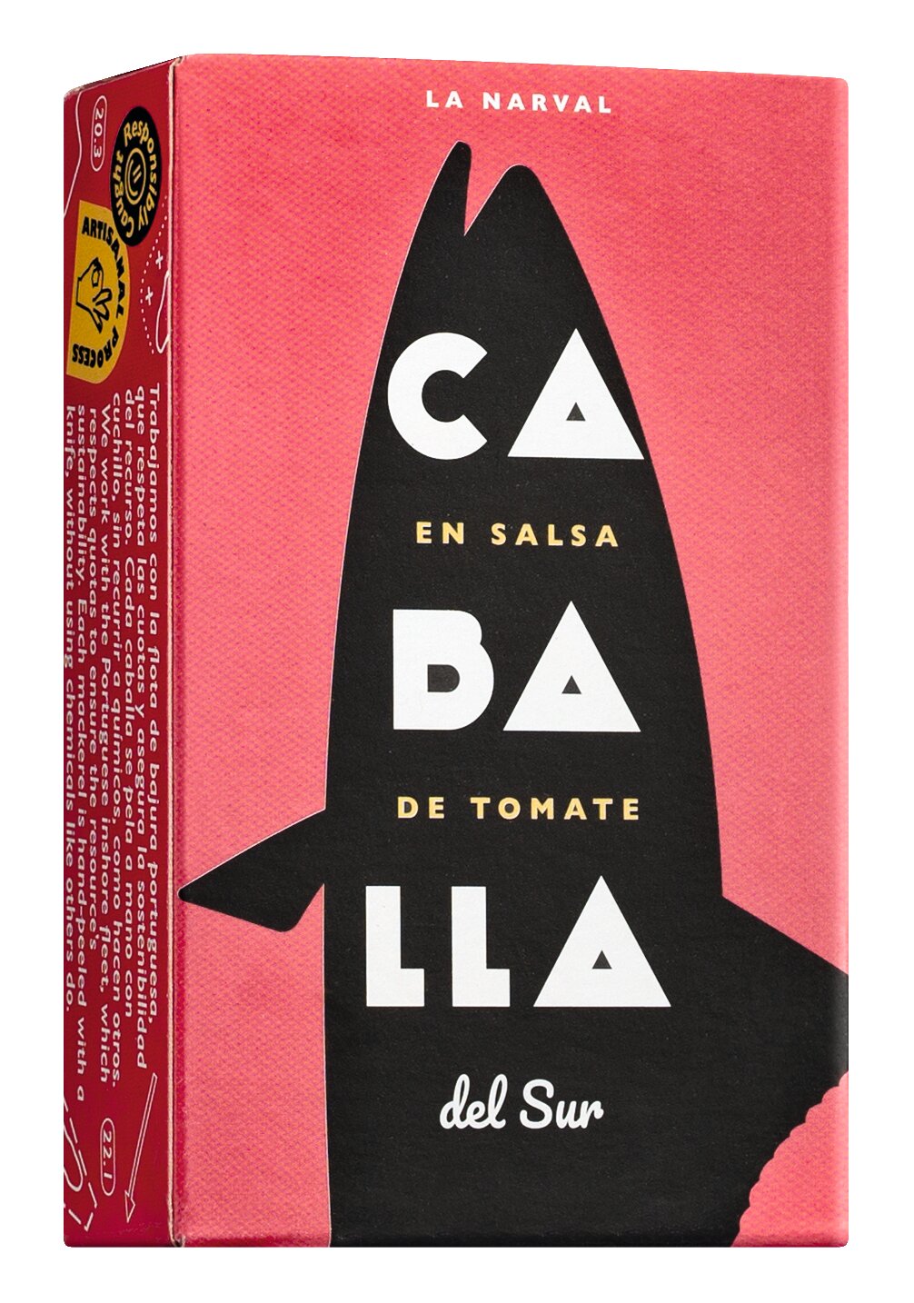 Eine rosa-schwarze Dose von La Narval mit einer Fischsilhouette und der Aufschrift „Caballa en salsa de tomate del Sur“ sowie „La Narval“ auf der Vorderseite. Auf der Seite sind Produktinformationen auf Spanisch aufgeführt. Diese 120-g-Dose von La Narval enthält Makrelenfilets in Tomatensauce, die klassische spanische Aromen mit hochwertigen Makrelenfilets verbinden.