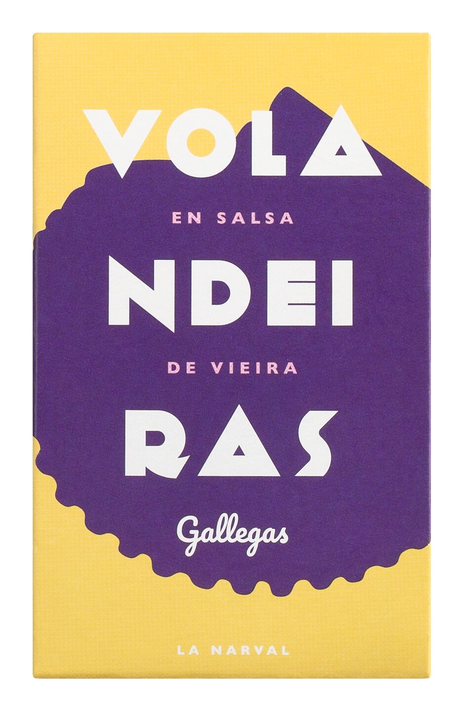 Eine auffällige gelb-lila Verpackung von „La Narval | Jakobsmuscheln in Vieira-Sauce“ (110 g), verziert mit markanten geometrischen Schriftzügen und einer Jakobsmuschel-Illustration, unterstreicht den vollmundigen Geschmack der Jakobsmuscheln, die sanft in authentischer Vieira-Sauce geschmort wurden, inspiriert von der galizischen Küste.