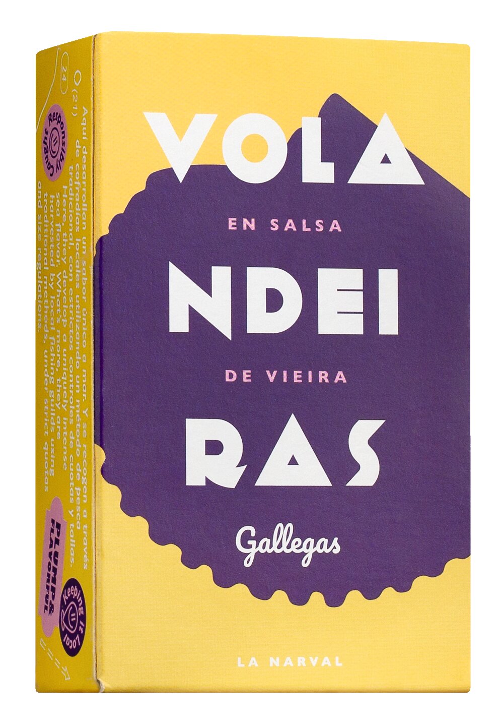 Eine gelb-lila Verpackung von „La Narval“ | Jakobsmuscheln in Vieira-Sauce, 110 g, die sich durch auffällige geometrische Schriftzüge und ein markantes Design auszeichnet, enthält galizische Jakobsmuscheln in aromatischer Vieira-Sauce – eine spanische Spezialität.
