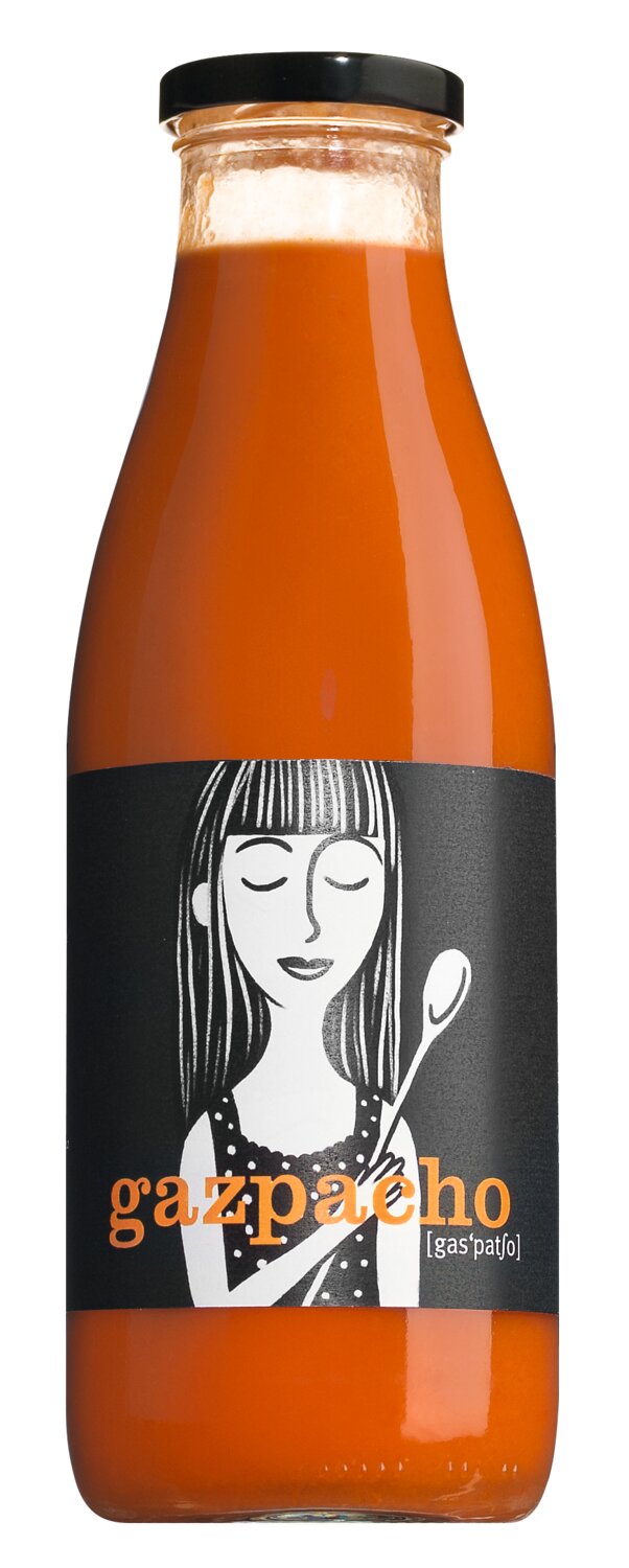 Eine 720-ml-Flasche „La Cocina de Lola Gazpacho“ von Viani mit einem illustrierten Etikett, auf dem eine Frau mit einem Löffel abgebildet ist und das Wort „Gazpacho“ in kräftigen orangefarbenen Buchstaben zu lesen ist – das perfekt den Charakter dieser klassischen spanischen Gemüsesuppe einfängt.