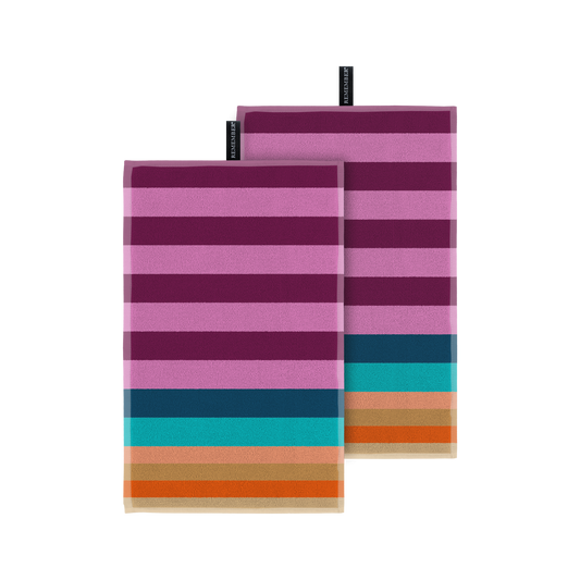 Zwei gefaltete „Remember | Gästehandtücher Alva“, 2er-Set der Marke Remember, sind auf weißem Hintergrund abgebildet. Jedes Gästehandtuch ist mit horizontalen Streifen in den Farbtönen Lila, Rosa, Blau, Türkis, Orange und Beige versehen und besteht aus REMEMBER Alva-Baumwolle mit einer Grammatur von 500 g/m². Beide Handtücher sind am oberen Rand mit einem schwarzen Etikett versehen.