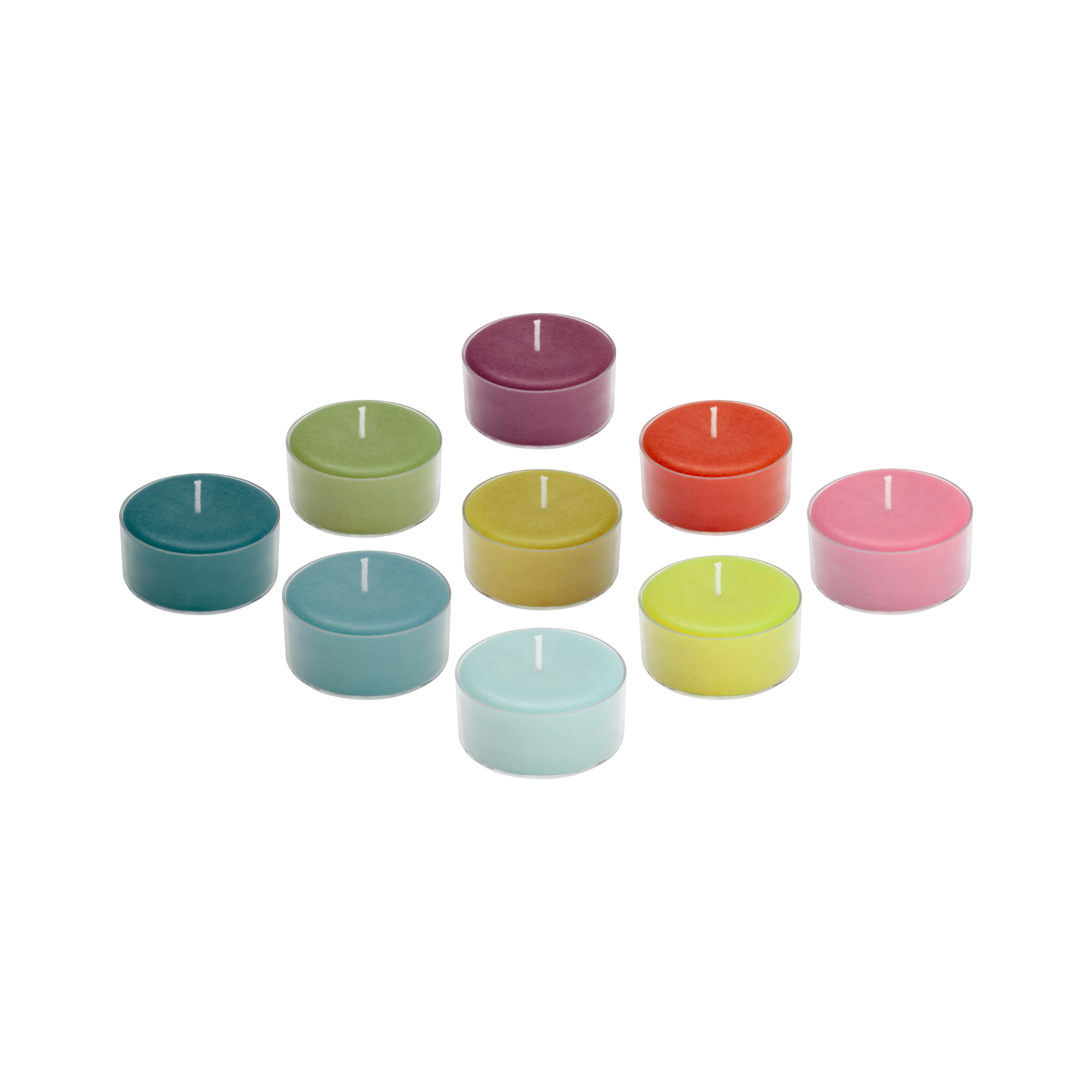 Das Remember Teelicht Set 'Sydney' enthält 9 bunte Kerzen aus veganem Stearin in Teal, Grün, Lila, Orange, Gelb, Pink, Blau und Aqua - nachhaltig und stilvoll arrangiert auf weißem Hintergrund.