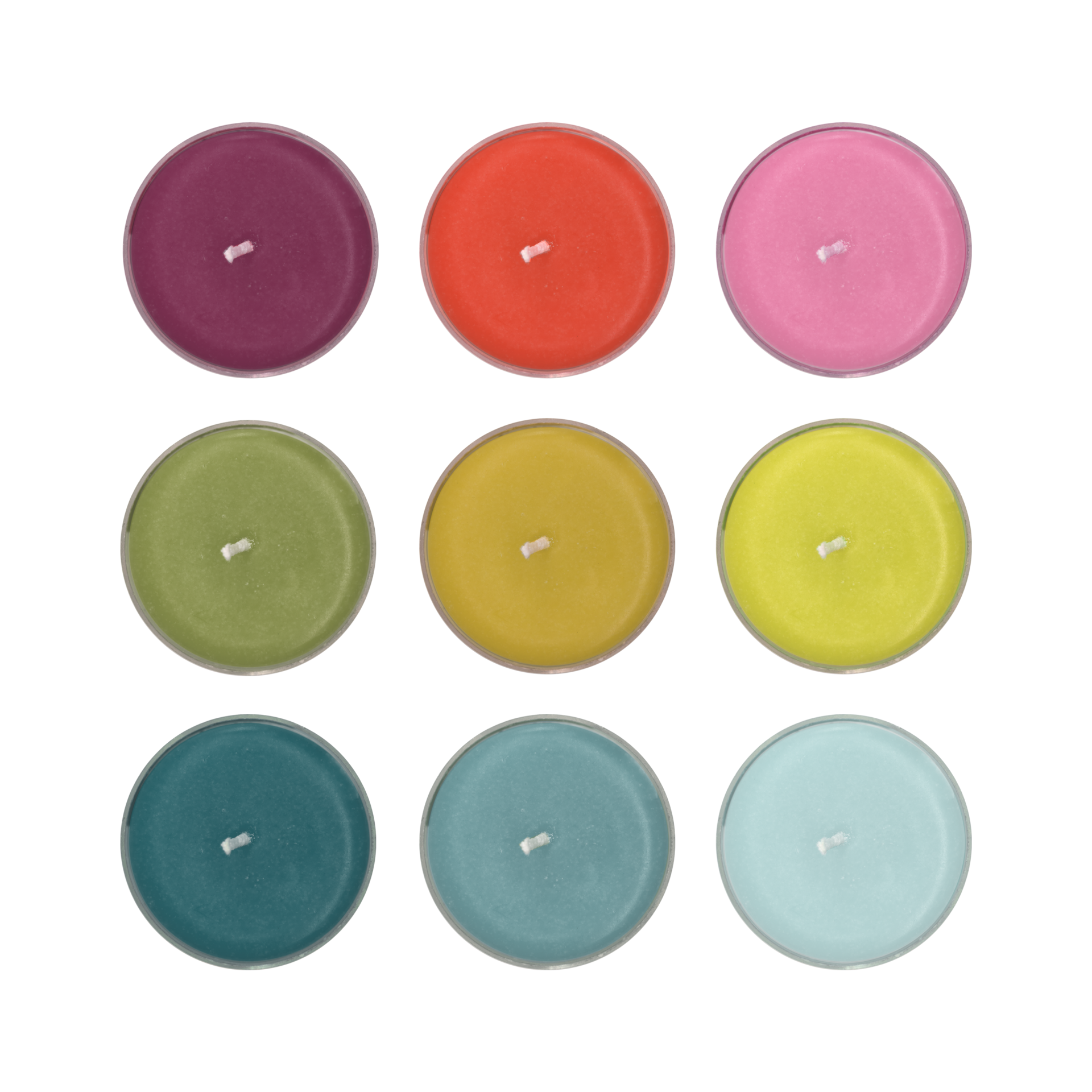 Das Remember Teelicht Set 'Sydney' (9 Stück) von Remember besteht aus umweltfreundlichen, veganen Stearinwachskerzen in leuchtendem Lila, Rot, Pink, Grün, Gelb, Petrol und Hellblau, die in einem 3x3-Raster auf weißem Hintergrund angeordnet sind.
