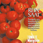 Eine Traube reifer roter ReinSaat Tomate 'Marglobe' ist auf einem gelb-orangen Hintergrund abgebildet. Der Text lautet: Reinsaat Saatgut aus biologisch-dynamischem und organisch-biologischem Anbau. Ideal für Gewächshaus und Freiland.