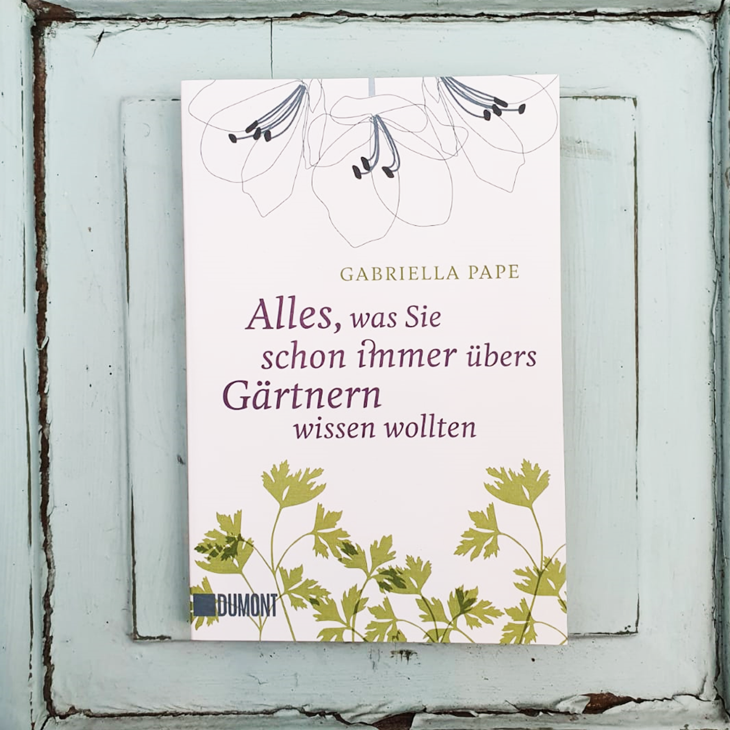 Das Taschenbuch "Alles was Sie schon immer übers Gärtnern wissen wollten" von Gabriella Pape liegt auf hellblauem Holz, mit Blumen- und Blätterdesign auf dem Cover - ideal für alle, die hilfreiche Gartentipps suchen.
