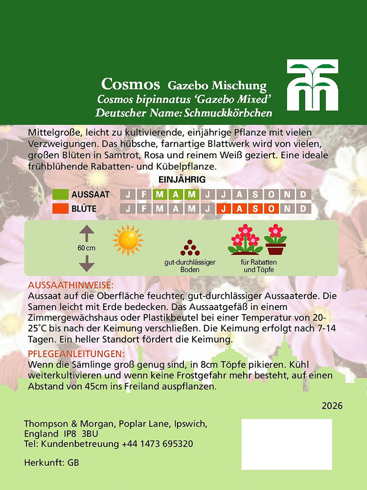 Samenpaket für Schmuckkörbchen (Cosmos) Gazebo Mischung von Thompson und Morgan. Enthält Aussaat- und Blütezeiten, Blüteninfos, Anleitung und Kontaktdaten, mit Blumenmotiven und Icons im Hintergrund. Text auf Deutsch.