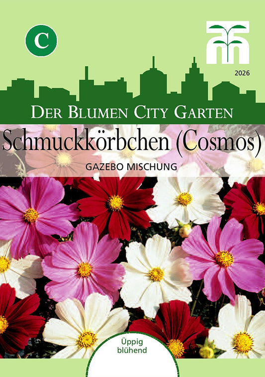 Thompson und Morgan Samenpaket: Schmuckkörbchen (Cosmos) Gazebo Mischung, mit rosa, weißen und magentafarbenen Blüten. Enthält den Text „einjährige Pflanze“ und eine Skyline-Silhouette der Stadt im Hintergrund.