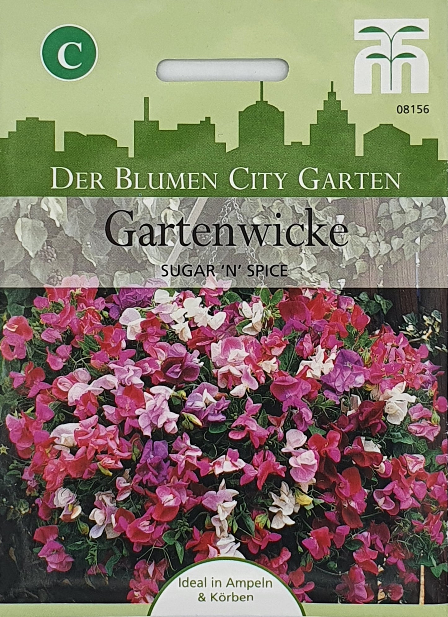 Eine Saatgutpackung von Thompson und Morgan mit der Aufschrift Gartenwicke Sugar 'n' Spice, die rosa, weiße und violette Blüten zeigt. Sie heben ihren süßen Duft hervor und weisen darauf hin, dass sie perfekt für Blumenampeln geeignet sind.