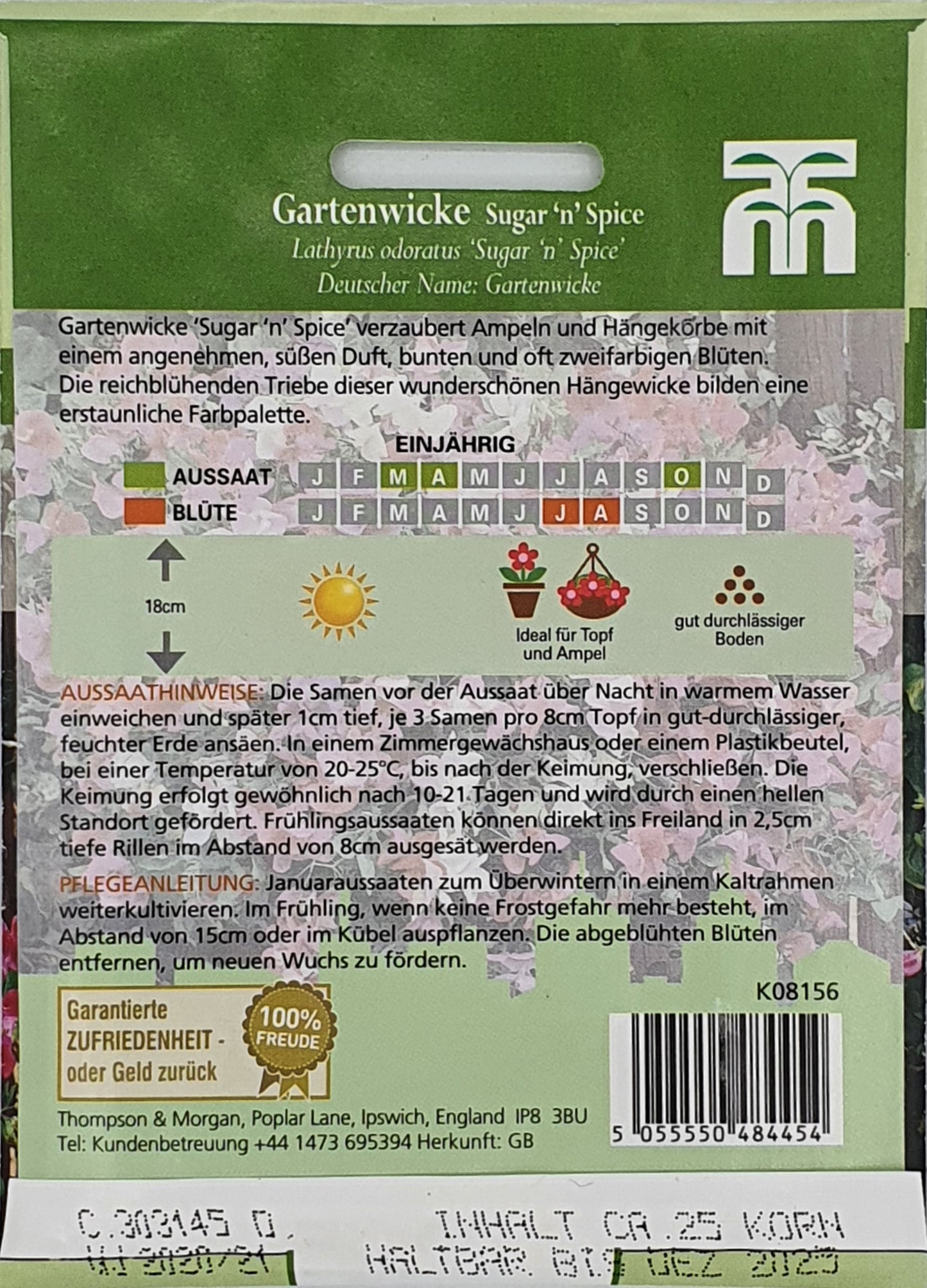 Vorderseite der Saatgutpackung der Gartenwicke Sugar 'n' Spice von Thompson und Morgan mit Angaben zu süßem Duft, Pflanz-/Blühmonaten, Höhe, Aussaatanleitung, Produkt- und Markenname. Mit Symbolen und einer bunten Blumenbordüre am unteren Rand.