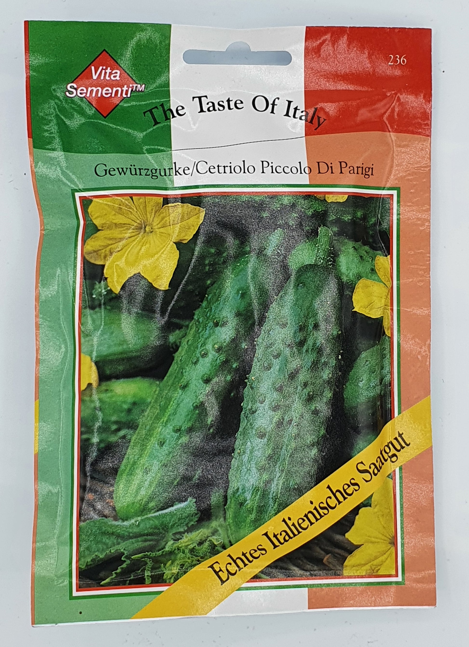 Eine Samenpackung von Thompson und Morgan mit der Aufschrift Gurke Cetriolo Piccolo Di Parigi (Gewürzgurke) mit Bildern von kleinen Gurken und gelben Blüten. Ertragreich, echtes italienisches Saatgut – ideal zum Einlegen.