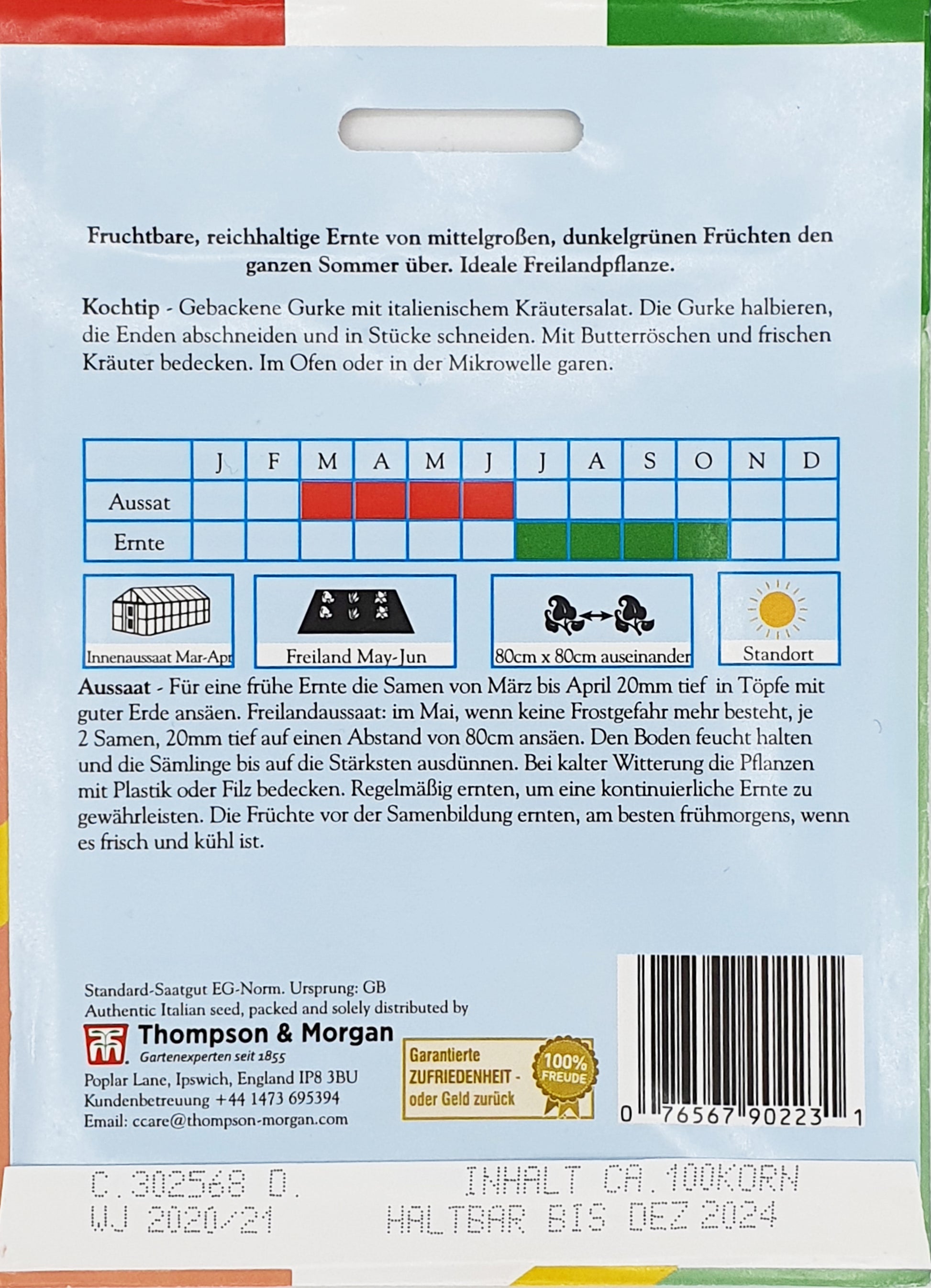 Rückseite Thompson und Morgan Gurke Cetriolo Marketer Saatgutpackung: mittelgroße, dunkelgrüne Gurken. Mit Pflanz-/Erntekalender, Anleitung, Barcode & deutschem Text. Oben rot-weiß-grün gestreift-ideal für reiche Freiland-Ernte.
