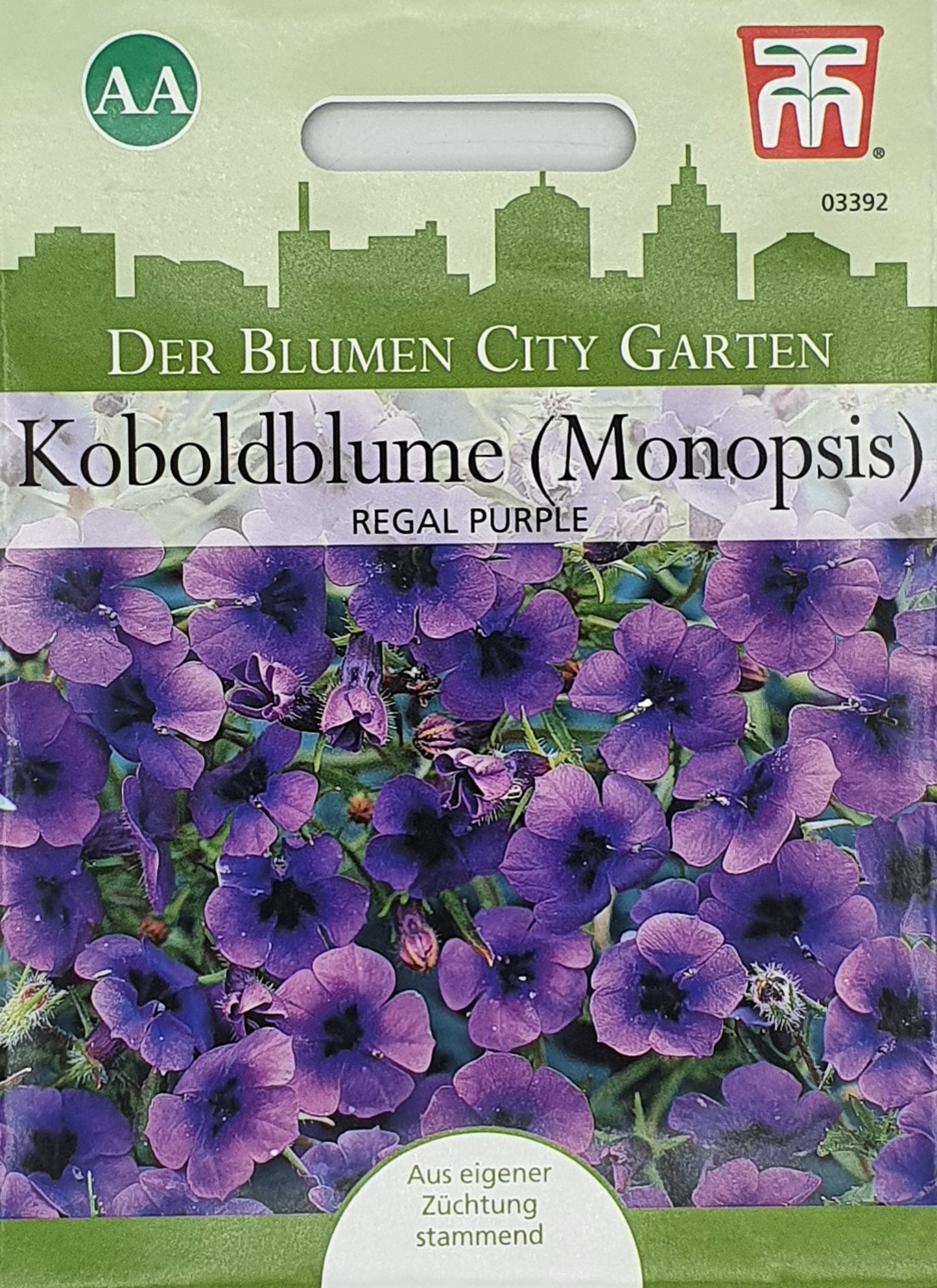 Eine Packung Thompson und Morgan Koboldblume (Monopsis) Regal Purple Samen zeigt mitternachtsblaue Blüten, deutschen Text, und eine Stadtsilhouette. Diese kompakte südafrikanische Pflanze ist ideal für Hängekörbe.