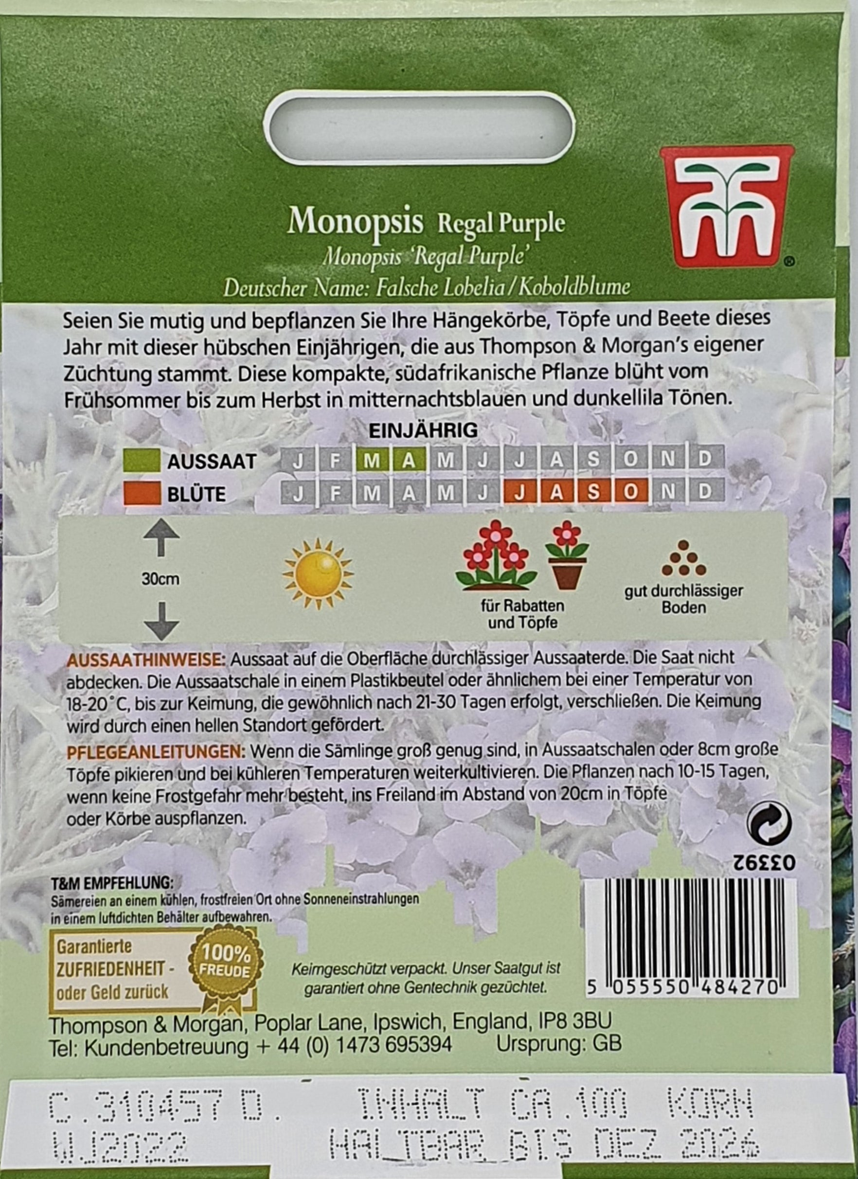 Die Rückseite der Thompson und Morgan Koboldblume (Monopsis) Regal Purple Samentüte zeigt Aussaat- und Blütezeiten, Pflanzanleitung sowie farbigen Kalender. Die kompakte südafrikanische Pflanze ist ideal für Hängekörbe mit mitternachtsblauen Blüten.
