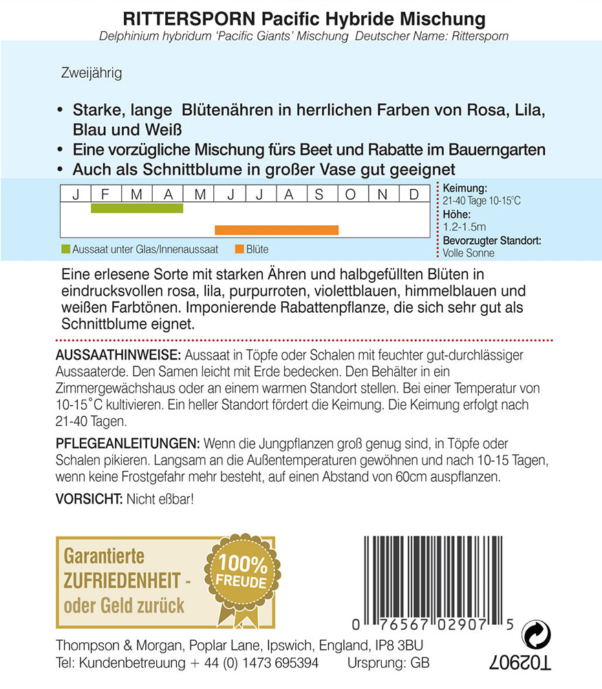 Rückseite einer Thompson und Morgan Rittersporn Pacific Hybride Mischung Saatgutpackung mit deutscher Aussaatanleitung, Pflanzenpflegesymbolen, Aussaat-/Blühkalender, Beschreibung und ausführlicher Produktinformation.