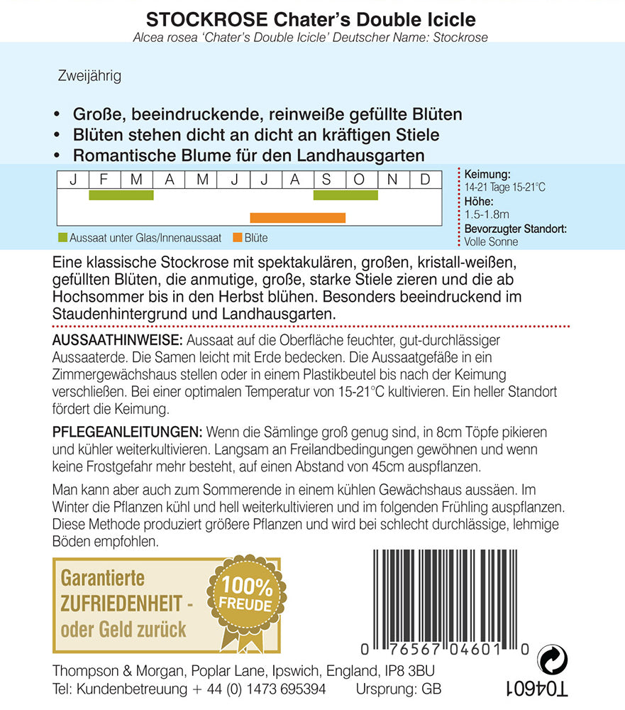 Die Saatgutpackung von Thompson und Morgan für Stockrose Chaters Double Icicle enthält Informationen zur Anzucht, einen Pflanzkalender, ein Blumenfoto und einen deutschen Text über große, gefüllte Blüten - ideal für Landhausgärten.