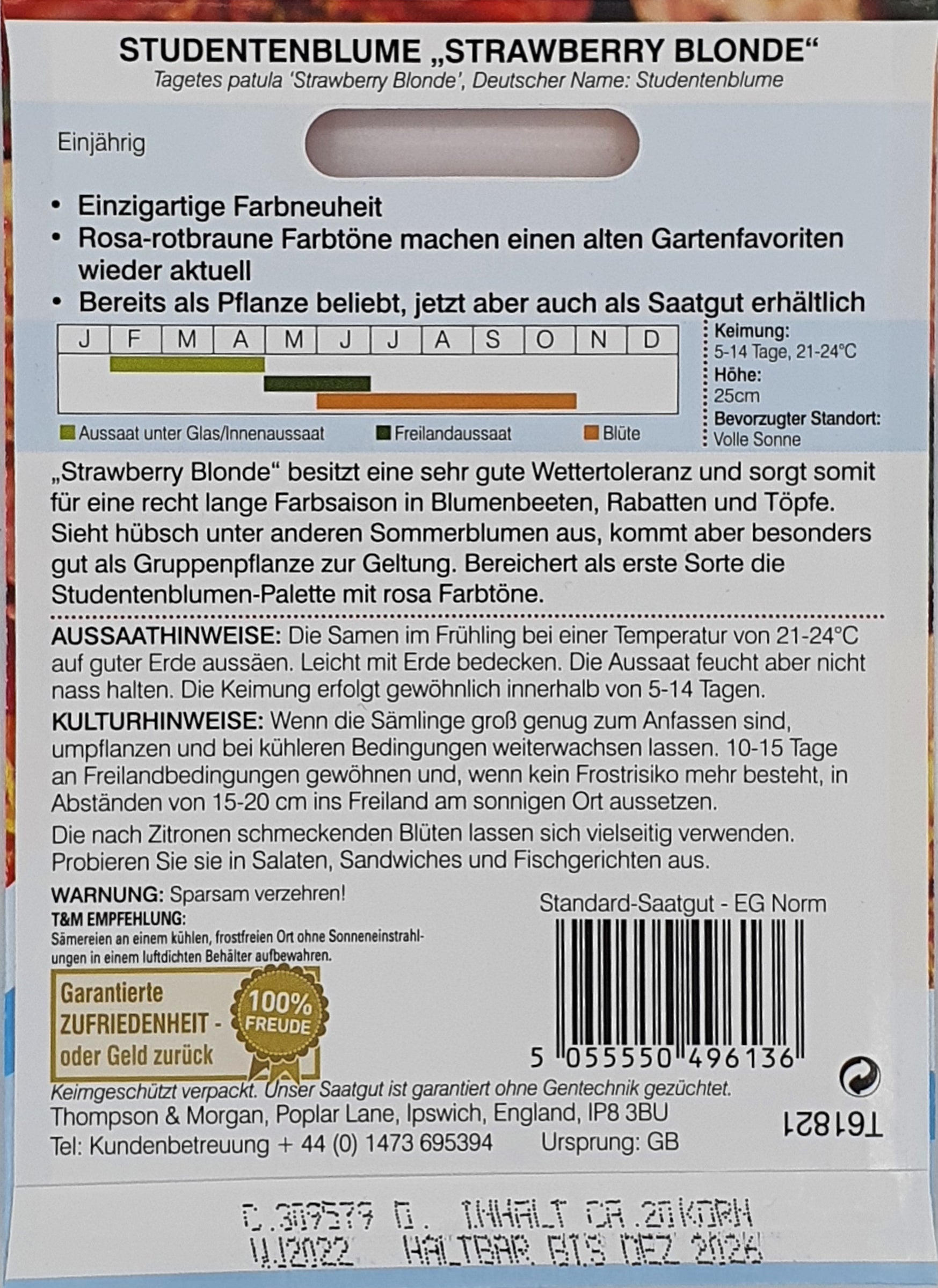 Rückseite eines Thompson und Morgan | Tagetes (Studentenblume) Strawberry Blonde-Saatpäckchens in zarten Rosatönen, mit Pflanzanleitung, Aussaat- und Blühzeiten-Tabelle, Kulturtipps, Besonderheiten und Barcode unten rechts. Text auf Deutsch.